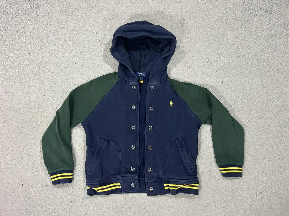 Polo Ralph Lauren Jacket Kids 7 Blue Green Fleece Hooded Varsity Snap Logo